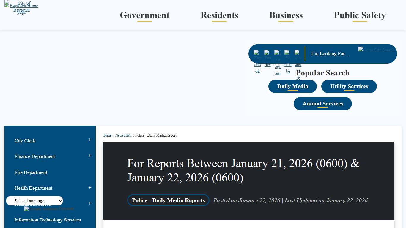 For Reports Between January 21, 2026 (0600) & January 22, 2026 (0600) • Baytown, TX